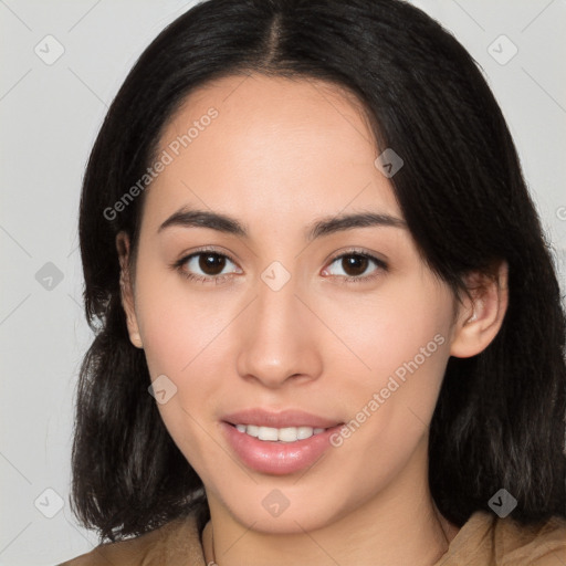 Joyful white young-adult female with medium  black hair and brown eyes