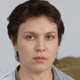 Neutral white young-adult female with medium  brown hair and brown eyes