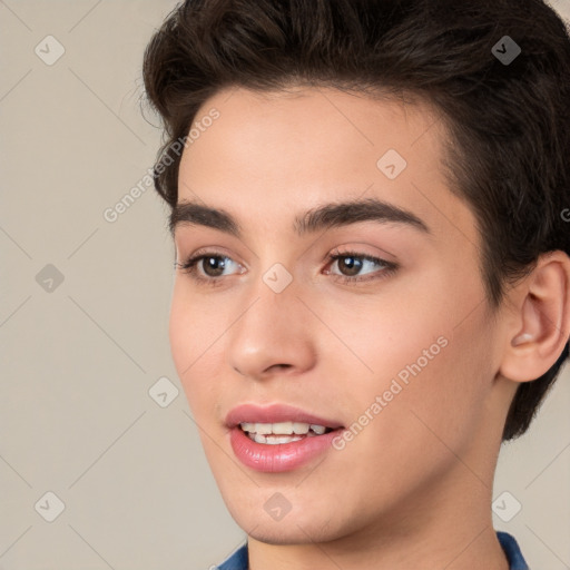 Joyful white young-adult female with short  brown hair and brown eyes