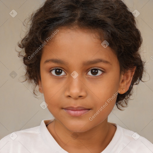 Joyful white child female with medium  brown hair and brown eyes