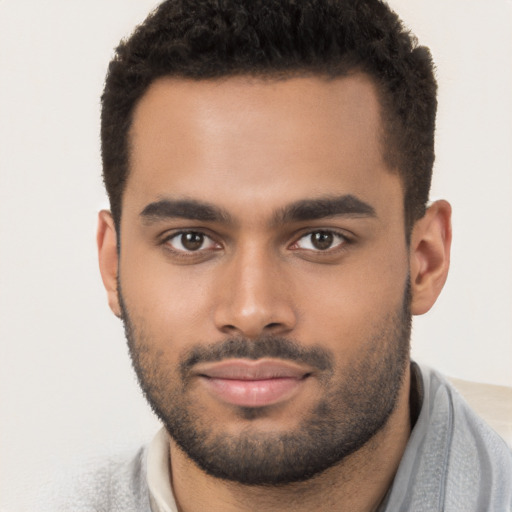 Joyful black young-adult male with short  brown hair and brown eyes