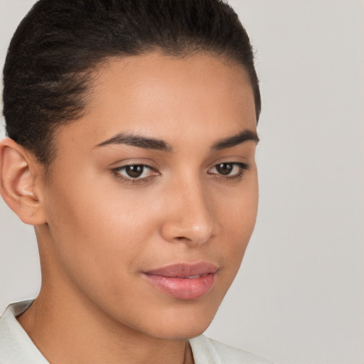 Neutral white young-adult female with short  brown hair and brown eyes