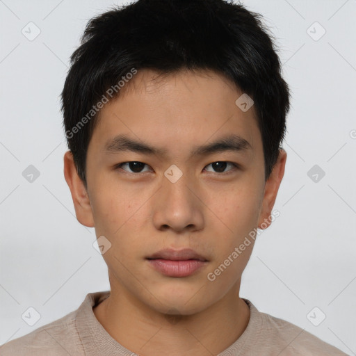 Neutral asian young-adult male with short  brown hair and brown eyes