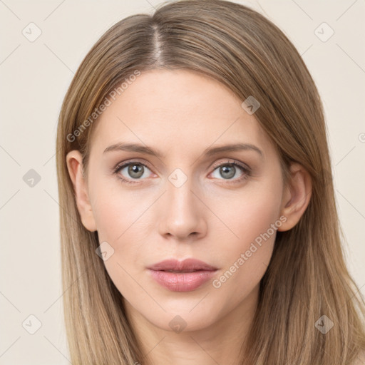 Neutral white young-adult female with long  brown hair and grey eyes