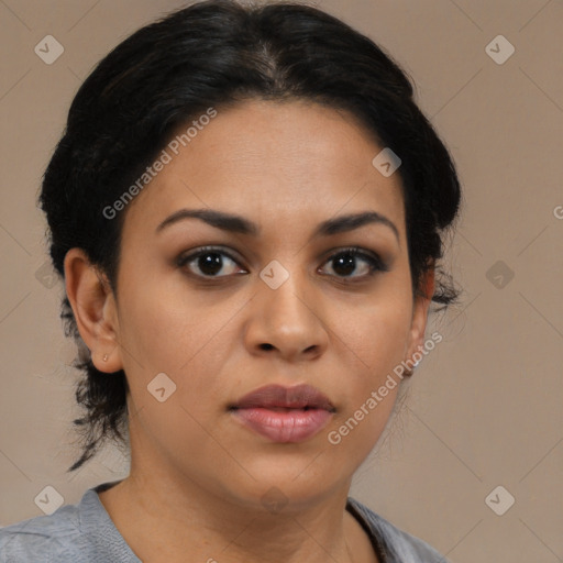 Joyful latino young-adult female with medium  black hair and brown eyes