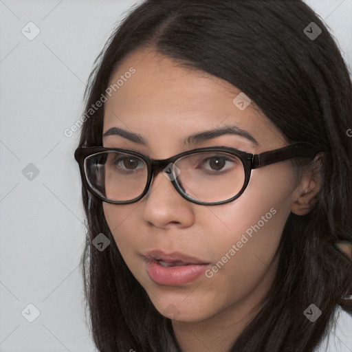 Neutral white young-adult female with long  brown hair and brown eyes