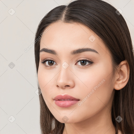 Neutral white young-adult female with long  brown hair and brown eyes