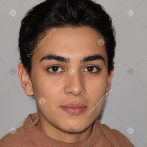 Neutral latino young-adult male with short  brown hair and brown eyes