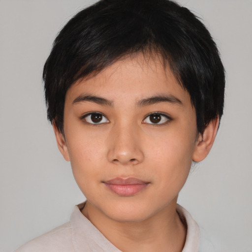 Neutral asian young-adult female with short  brown hair and brown eyes