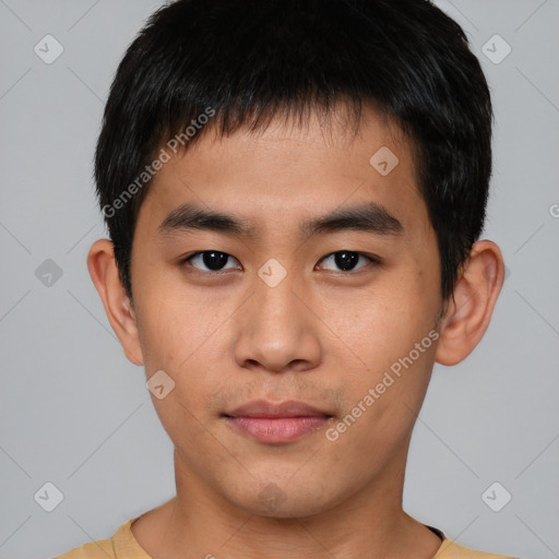 Neutral asian young-adult male with short  brown hair and brown eyes