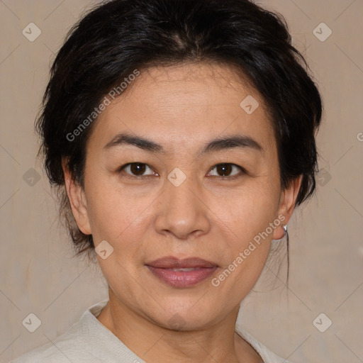 Joyful white adult female with medium  brown hair and brown eyes