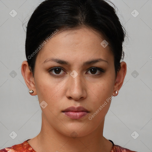 Neutral white young-adult female with short  brown hair and brown eyes