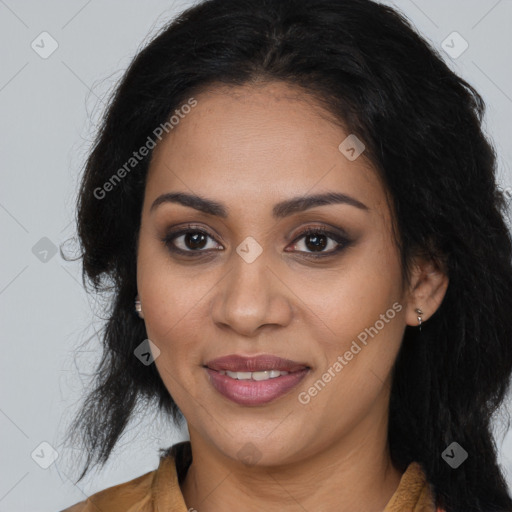 Joyful latino young-adult female with long  brown hair and brown eyes