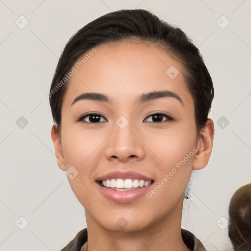 Joyful white young-adult female with short  black hair and brown eyes