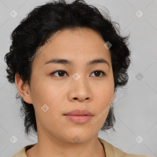 Neutral asian young-adult female with medium  brown hair and brown eyes