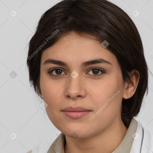 Neutral white young-adult female with medium  brown hair and brown eyes