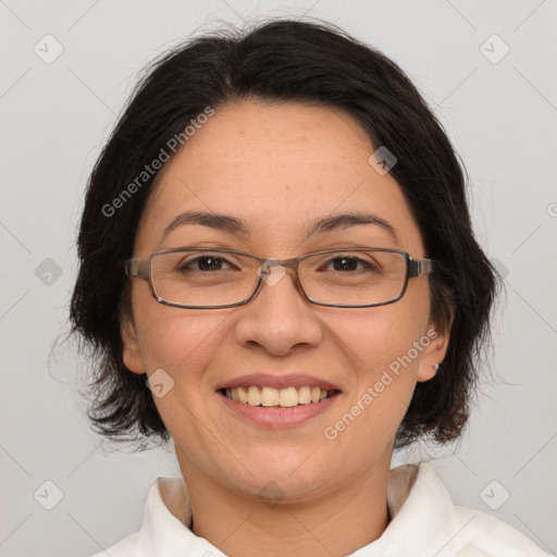 Joyful white adult female with medium  brown hair and brown eyes