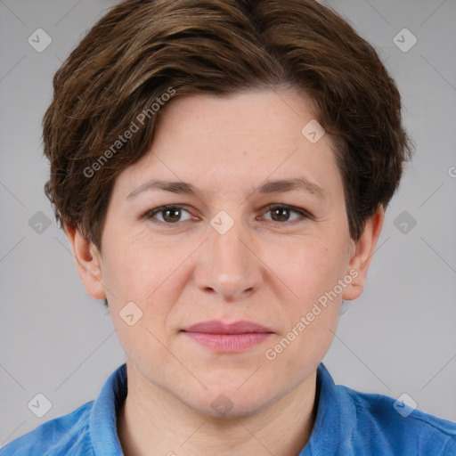 Joyful white adult female with short  brown hair and brown eyes