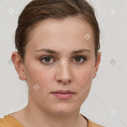 Neutral white young-adult female with short  brown hair and brown eyes