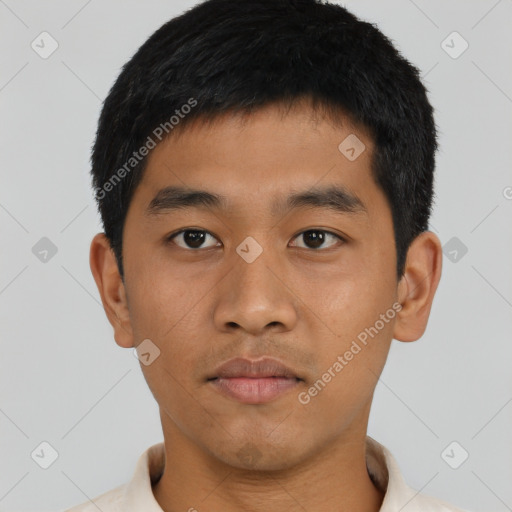 Neutral asian young-adult male with short  black hair and brown eyes