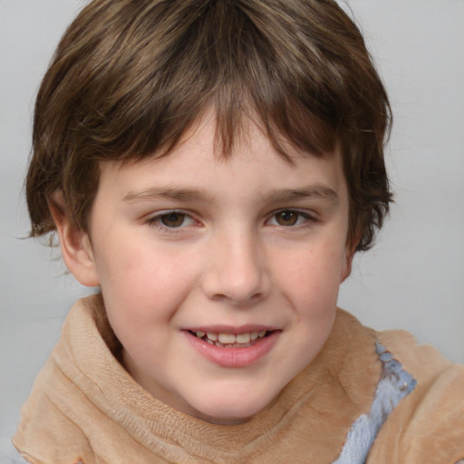 Joyful white child male with medium  brown hair and brown eyes