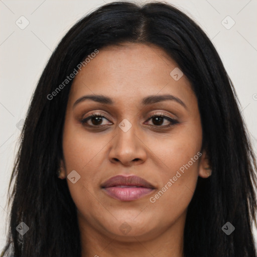 Joyful asian young-adult female with long  black hair and brown eyes