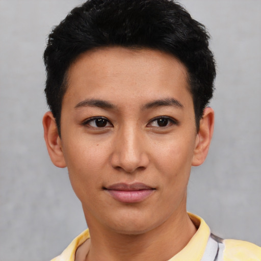 Joyful asian young-adult female with short  black hair and brown eyes