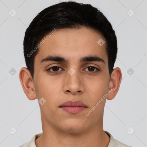 Neutral latino young-adult male with short  brown hair and brown eyes