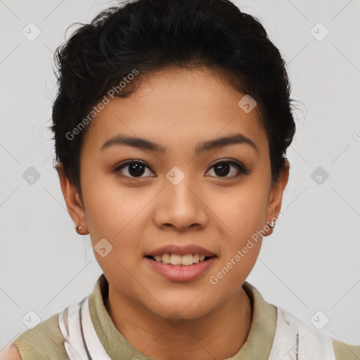 Joyful latino young-adult female with short  brown hair and brown eyes