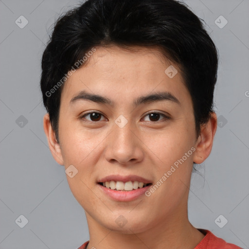 Joyful white young-adult female with short  brown hair and brown eyes