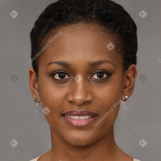 Joyful black young-adult female with short  brown hair and brown eyes