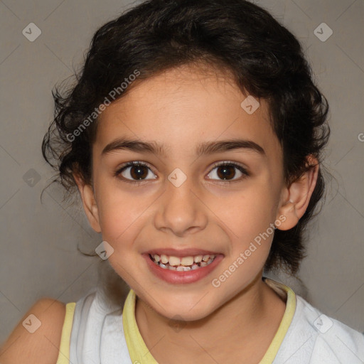 Joyful white child female with medium  brown hair and brown eyes