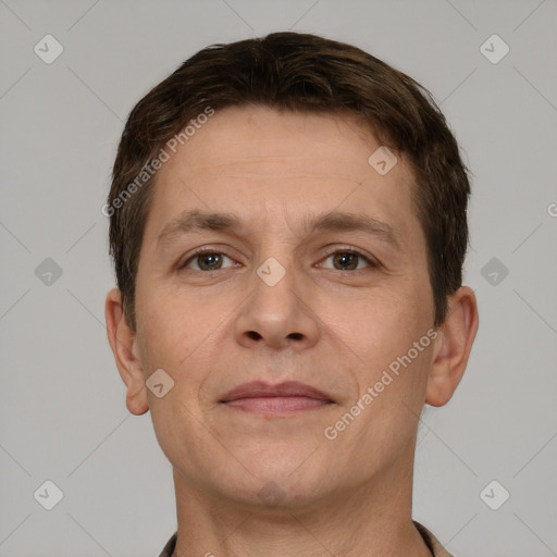 Neutral white adult male with short  brown hair and brown eyes