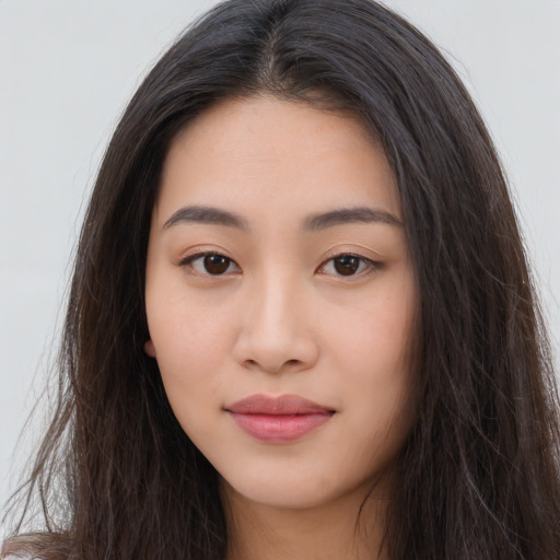 Neutral asian young-adult female with long  brown hair and brown eyes