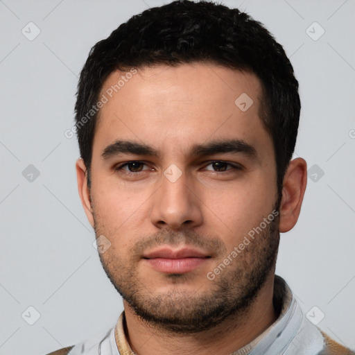 Neutral white young-adult male with short  black hair and brown eyes