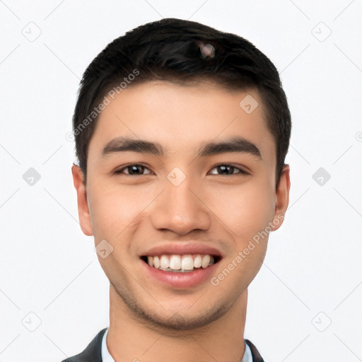 Joyful white young-adult male with short  black hair and brown eyes