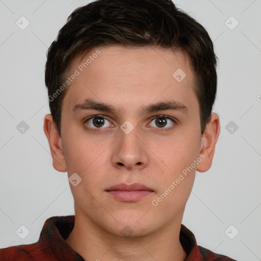 Neutral white young-adult male with short  brown hair and brown eyes