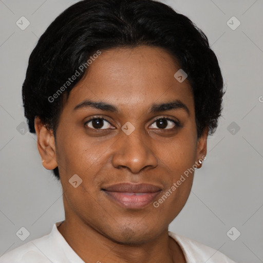 Joyful latino young-adult female with short  black hair and brown eyes