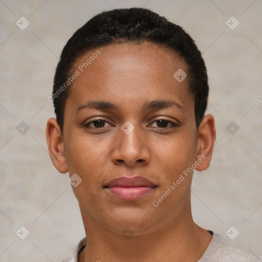 Joyful black young-adult female with short  black hair and brown eyes