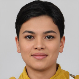 Joyful asian young-adult female with short  black hair and brown eyes