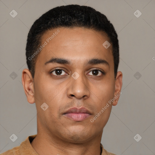 Neutral latino young-adult male with short  brown hair and brown eyes