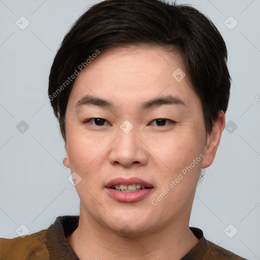 Joyful asian young-adult female with short  brown hair and brown eyes