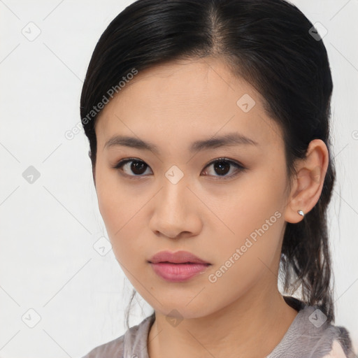 Neutral asian young-adult female with medium  black hair and brown eyes