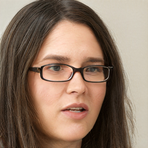 Neutral white young-adult female with long  brown hair and green eyes