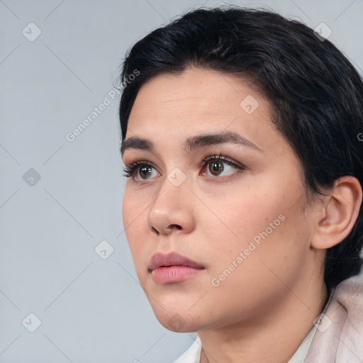 Neutral white young-adult female with short  brown hair and brown eyes