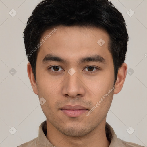 Neutral asian young-adult male with short  black hair and brown eyes