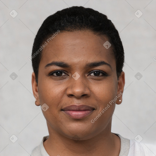 Joyful black young-adult female with short  brown hair and brown eyes