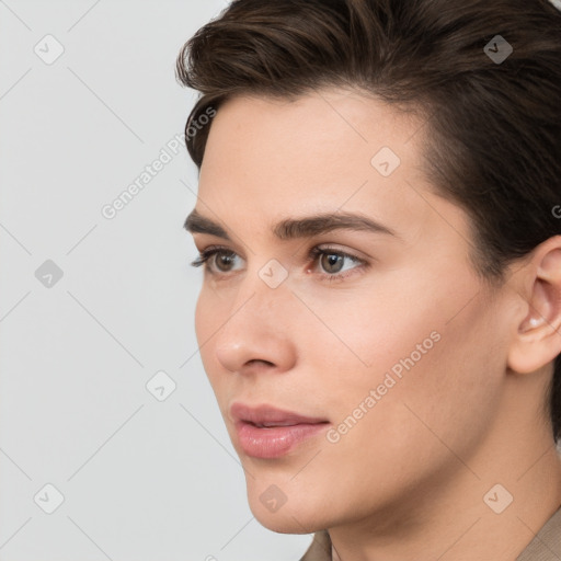 Neutral white young-adult female with medium  brown hair and brown eyes