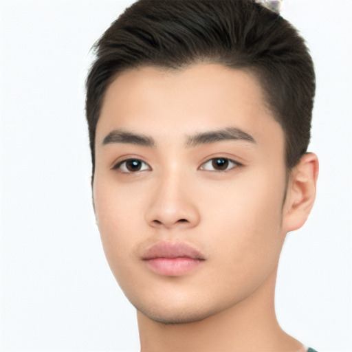 Neutral asian young-adult male with short  black hair and brown eyes