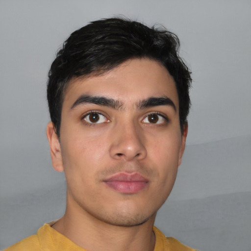 Neutral asian young-adult male with short  black hair and brown eyes